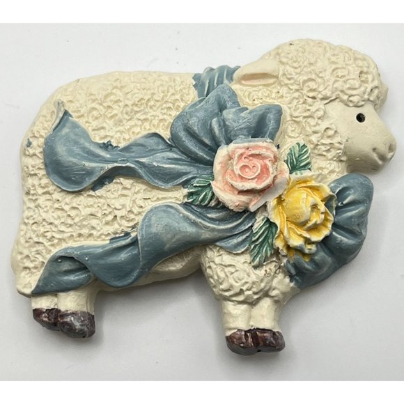 Easter Lamb Refrigerator Magnet Vintage White Sheep Spring Flowers - Picture 7 of 7